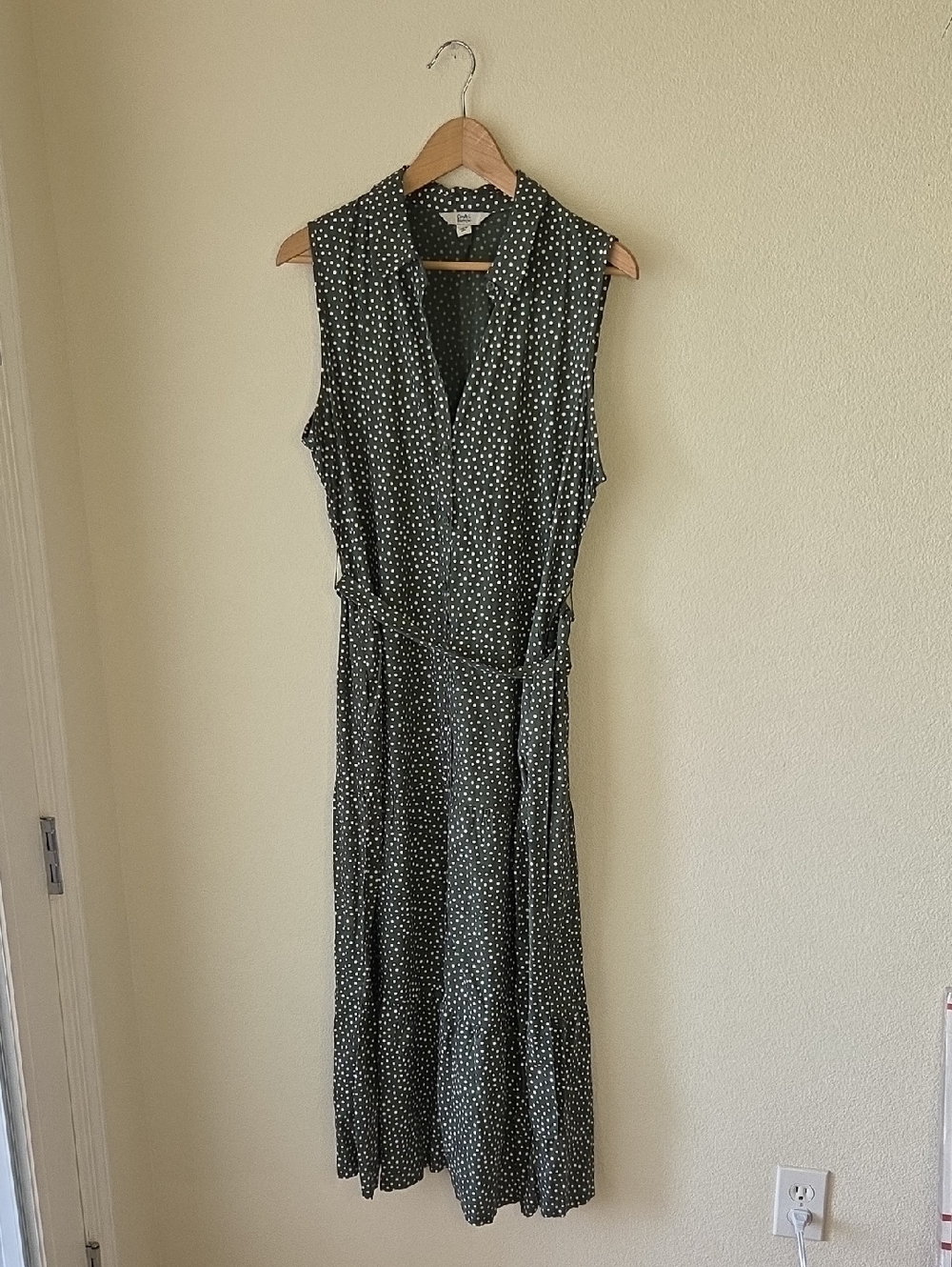 croft & barrow Dark Green Polka Dot Maxi Dress Tiered Tie Waist Sz L
